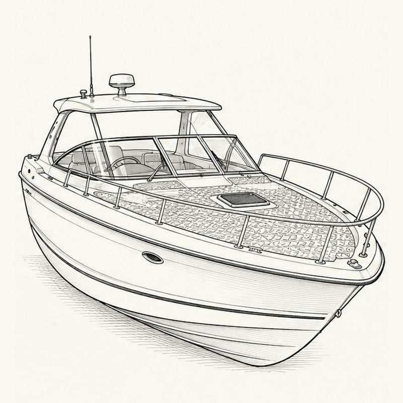 Zeichnung: ein Motorboot mit Deckbelag – ANYDECK